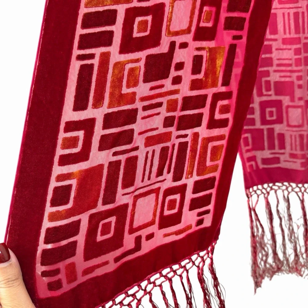 Whimsigoth Red Velvet‎ Burnout Scarf Fringe Gothic Art Deco Long Wrap 9.5Wx76H